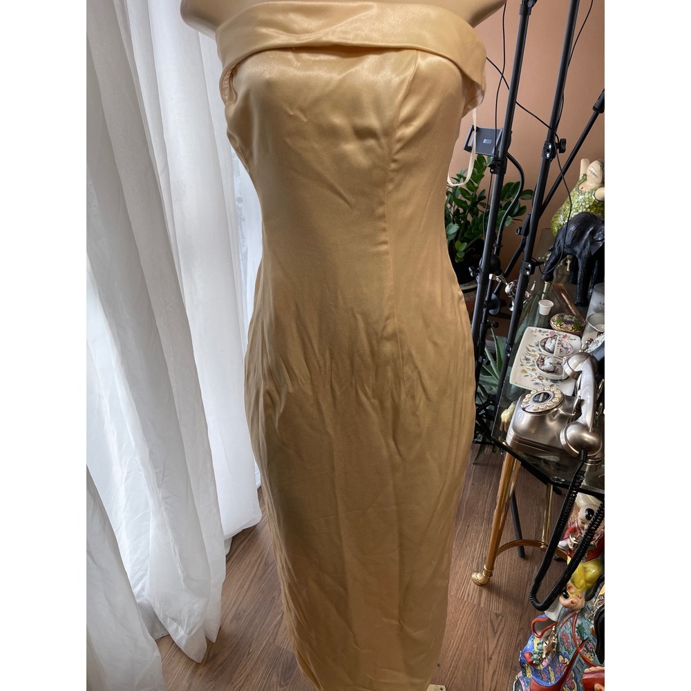 Vintage Champagne Formals Gold Satin Off Shoulder Gown with Opera Gloves Set